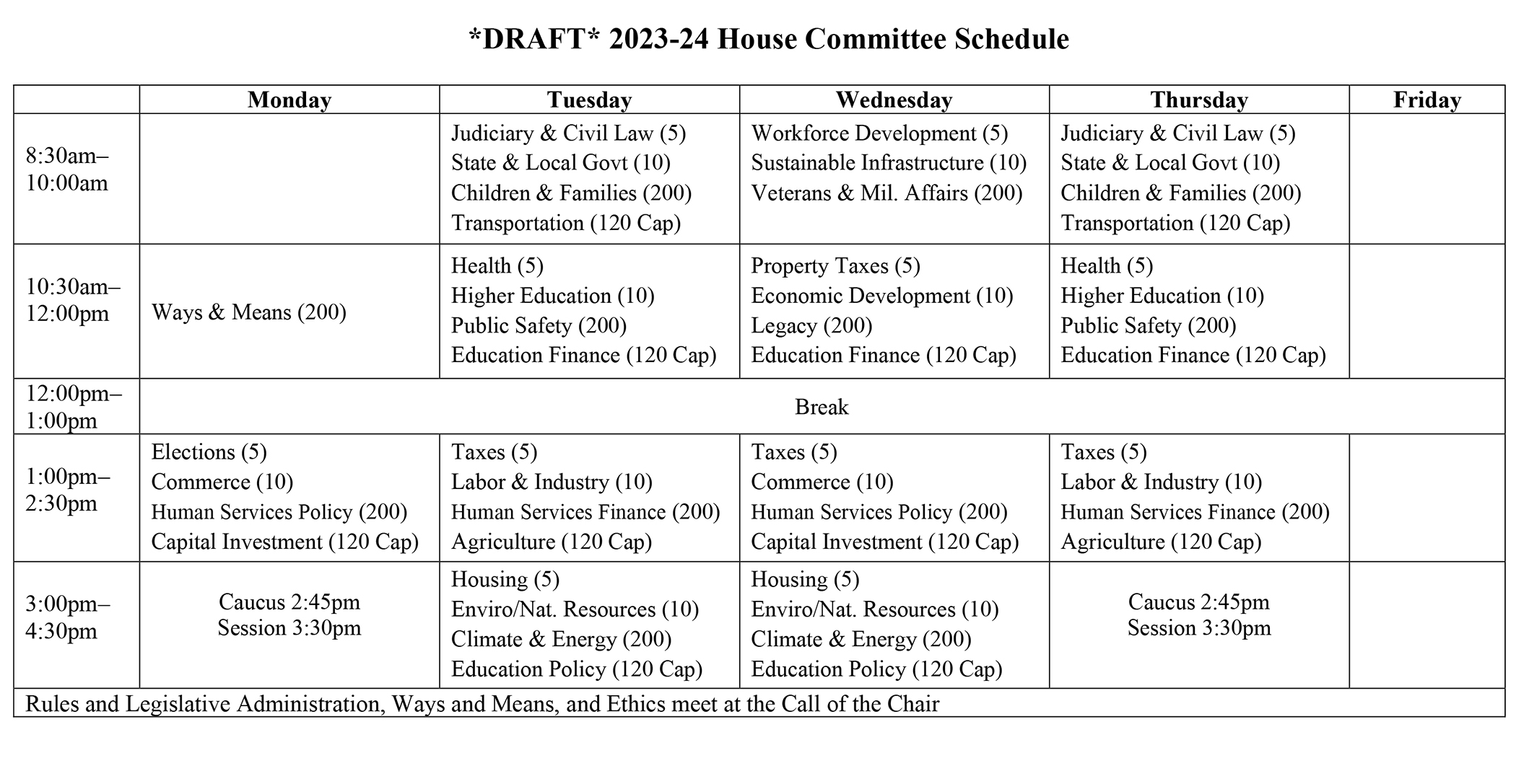 Draft House Committee Schedule for 2023-24